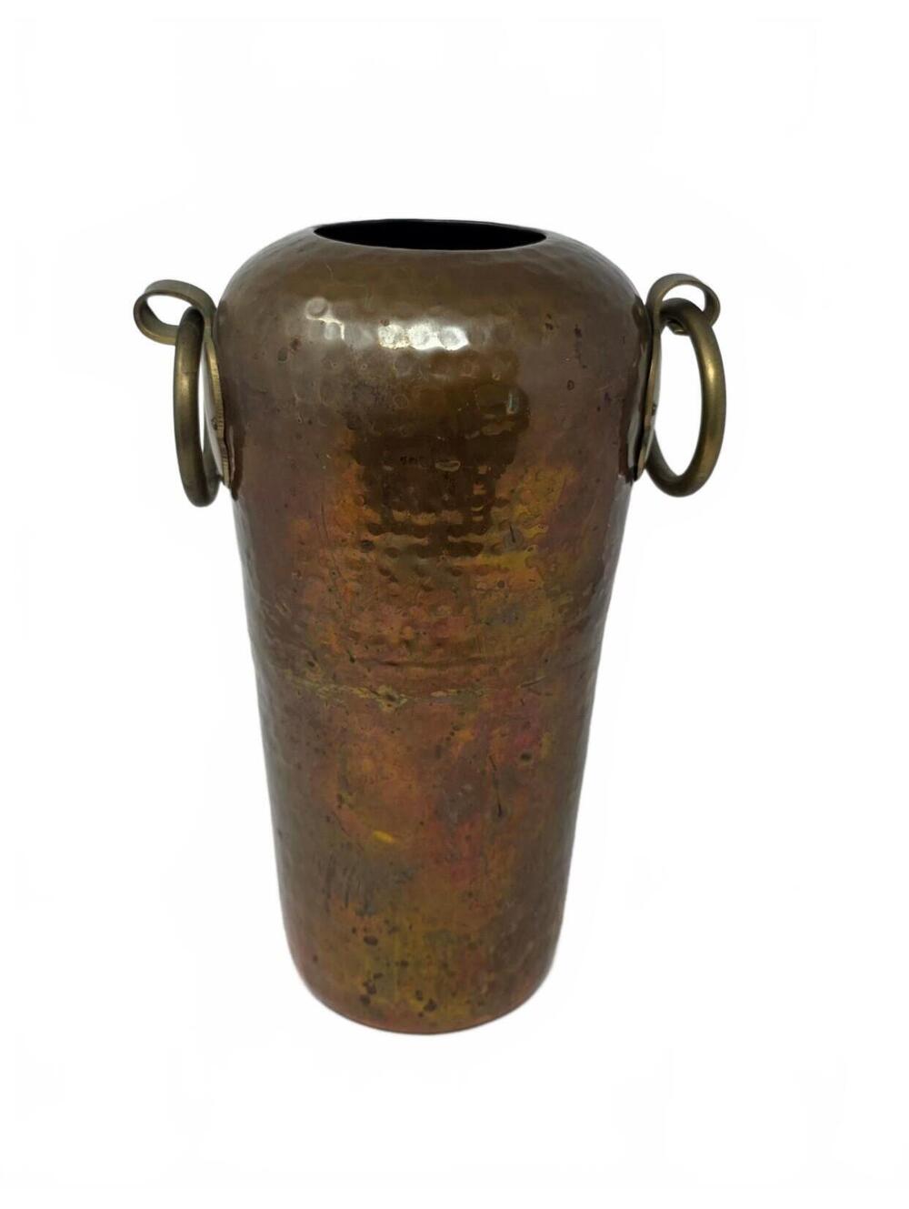 Hammered Copper Vase Urn Umbrella Holder Brass Ring Handles 13.25"